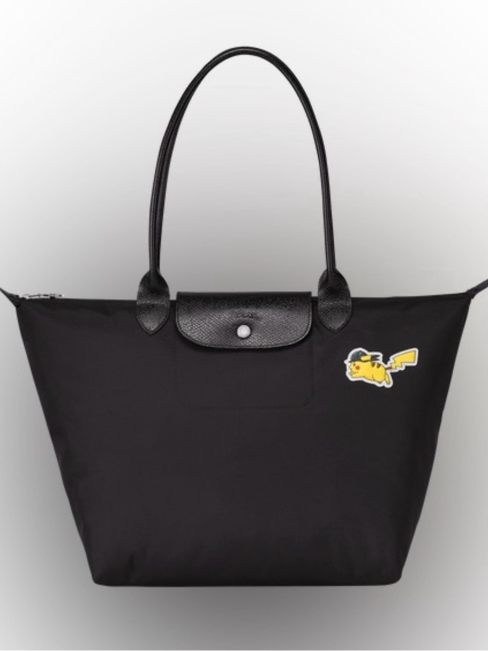 Longchamp Black Shoulder Tote with Yellow Pikachu Patch